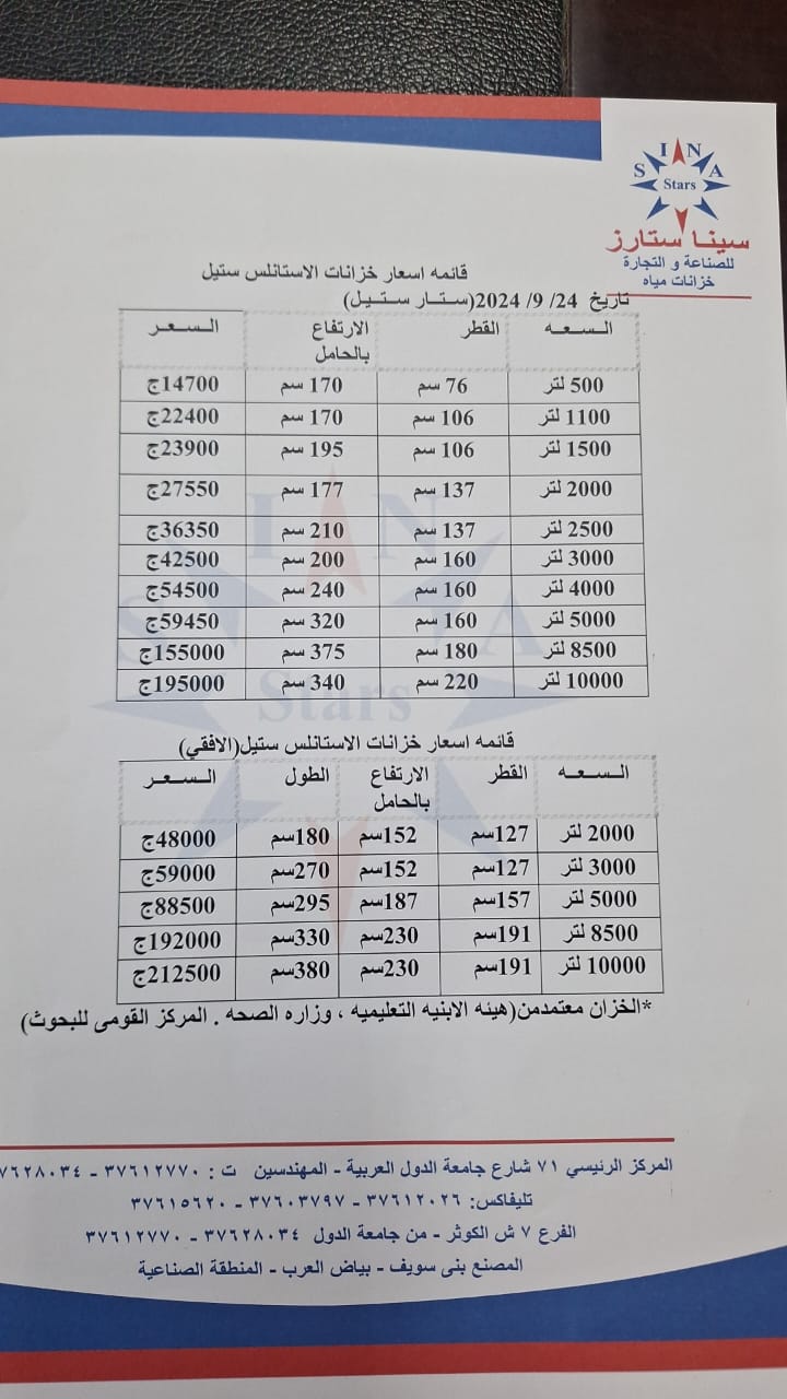 أسعار الخزانات الاستانلس ستيل 2023